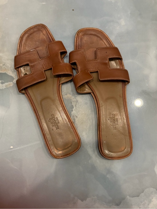 Hermes Shoes - Hermes Oran Gold Brown Leather Slide Sandals 38.5